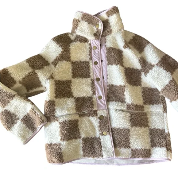 Checkered Brown and Cream Puffer Jacket - Picture 1 of 3